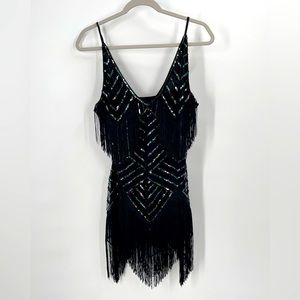 1920s Sequin Beaded Short Flapper Dress  Neck Slip Tassel Swing Party NWOT